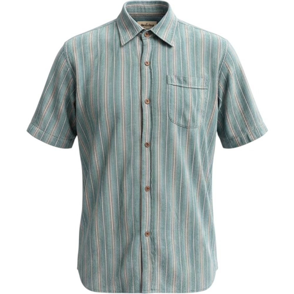 Fabindia Mens Teal Blue Woven Cotton Striped Short Sleeve Button  Shirt Sz 40
